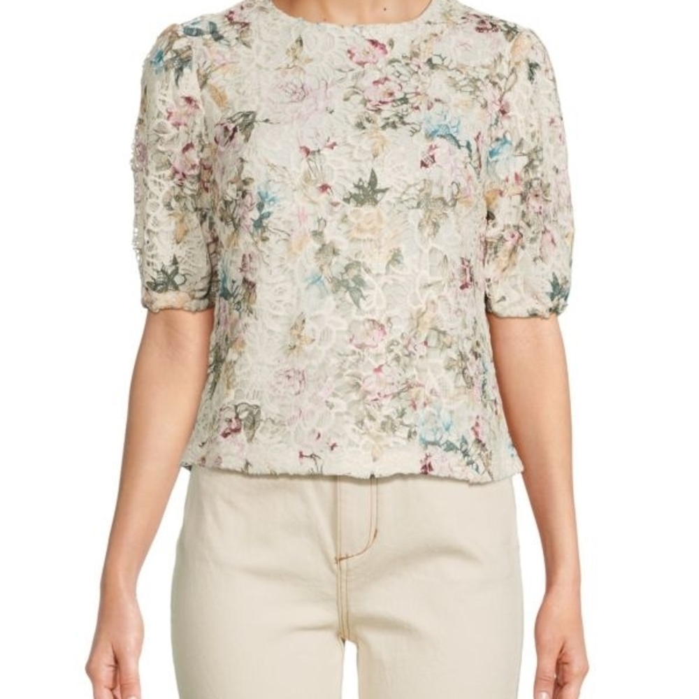 Nanette Lepore Floral Lace Blouse with Puff Sleeves